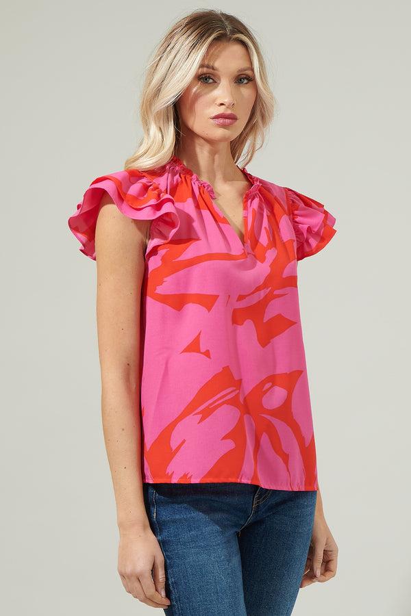 Sugarlips Jolene Abstract Bellissima Ruffle Sleeve Top
