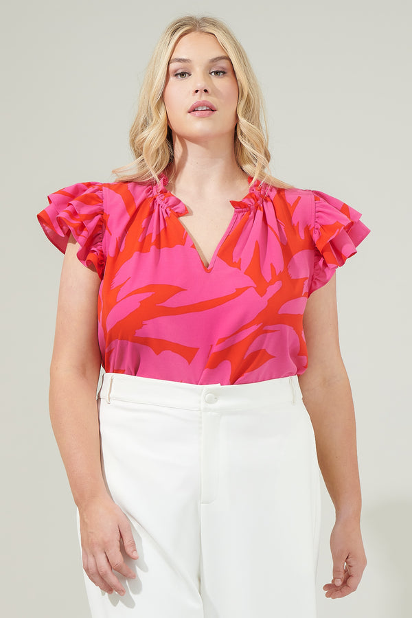 sugarlips Jolene Abstract Bellissima Ruffle Sleeve Top Curve