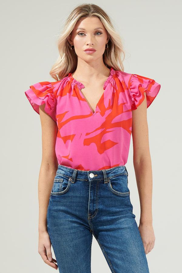 sugarlips Jolene Abstract Bellissima Ruffle Sleeve Top