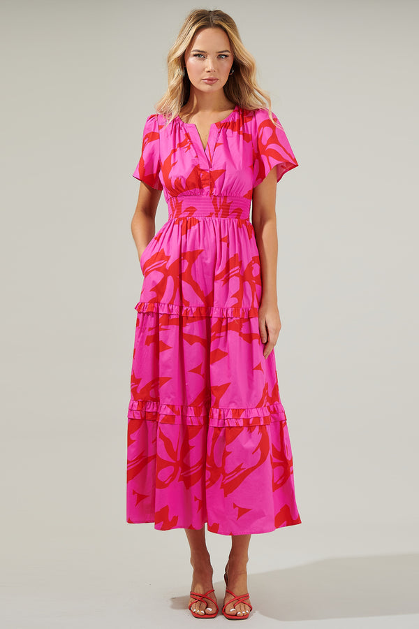 Sugarlips Jolene Abstract Palmer Poplin Tiered Maxi Dress
