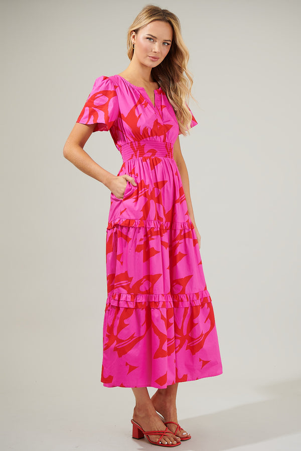 Sugarlips Jolene Abstract Palmer Poplin Tiered Maxi Dress