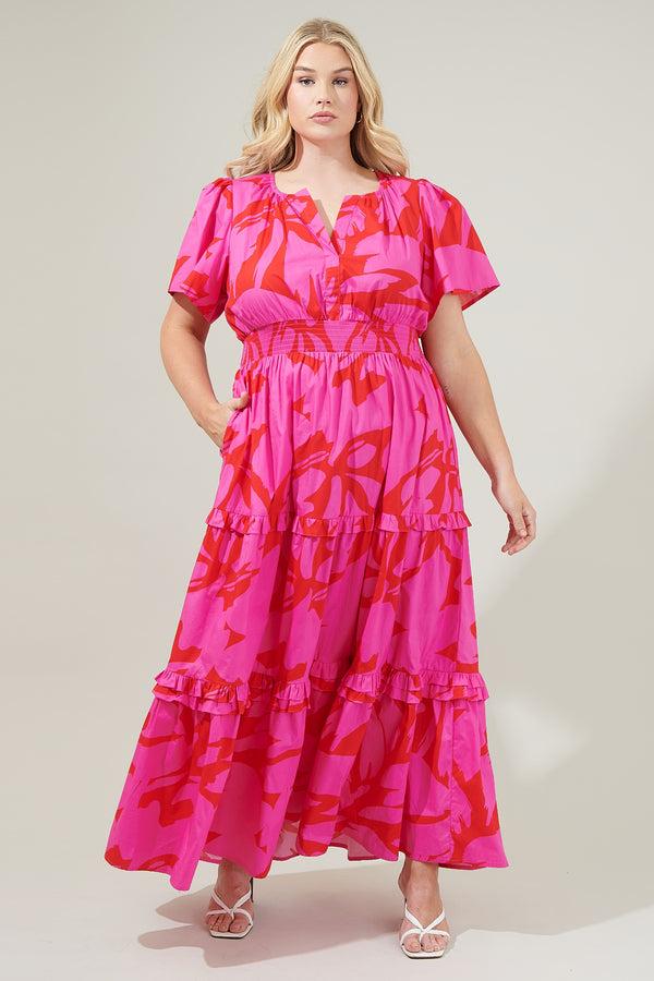 sugarlips Jolene Abstract Palmer Poplin Tiered Maxi Dress Curve