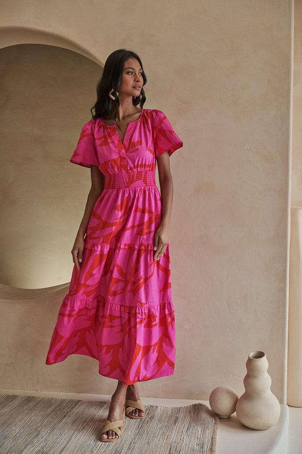 sugarlips Jolene Abstract Palmer Poplin Tiered Maxi Dress