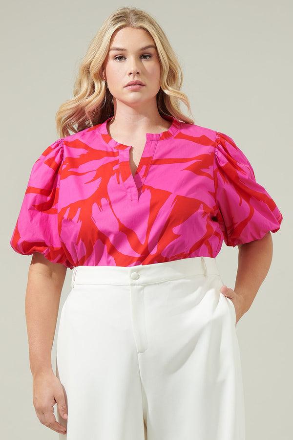 sugarlips Jolene Abstract Tropical Split Neck Top Curve