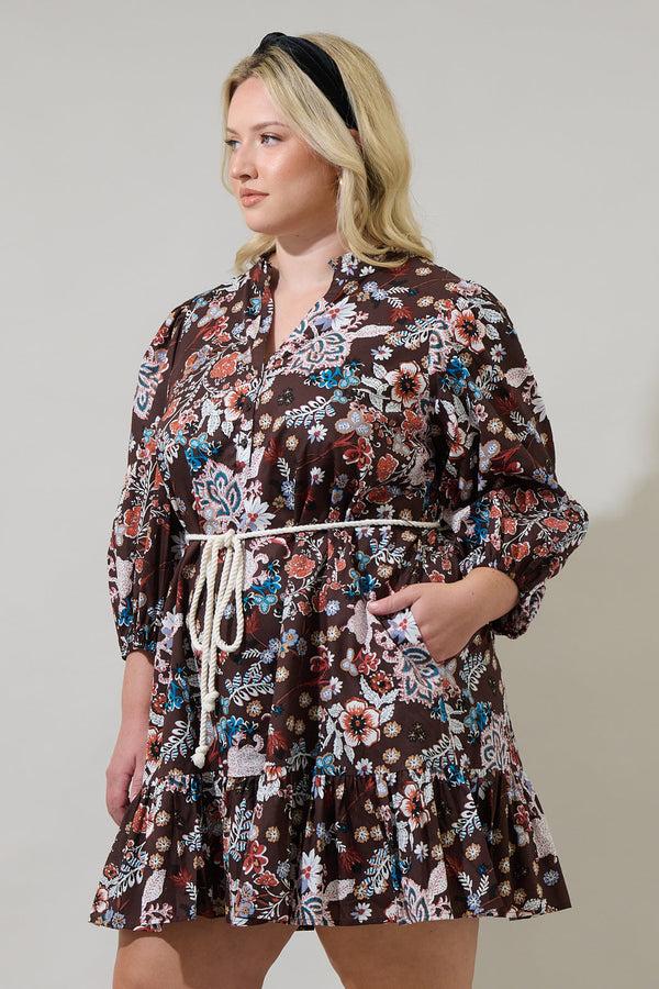 Sugarlips Journee Floral Jazlyn Split Neck Mini Dress Curve