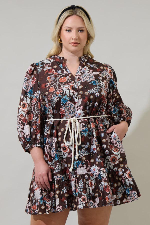 sugarlips Journee Floral Jazlyn Split Neck Mini Dress Curve