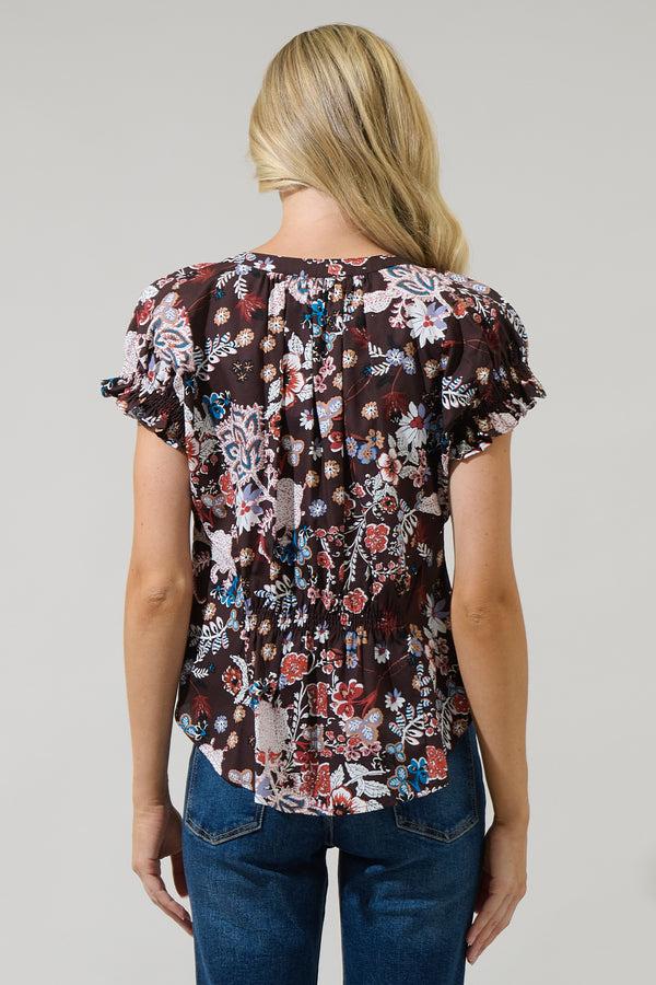 Sugarlips Journee Floral Jemma Ruffle Split Neck Top