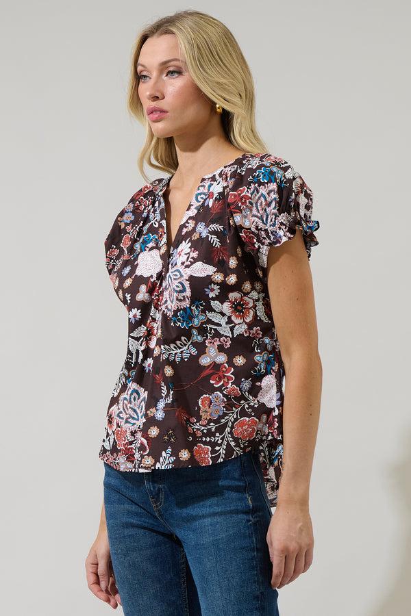 Sugarlips Journee Floral Jemma Ruffle Split Neck Top