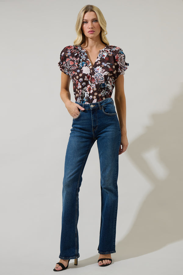 Sugarlips Journee Floral Jemma Ruffle Split Neck Top