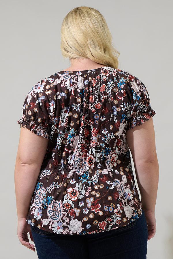 Sugarlips Journee Floral Jemma Ruffle Split Neck Top Curve