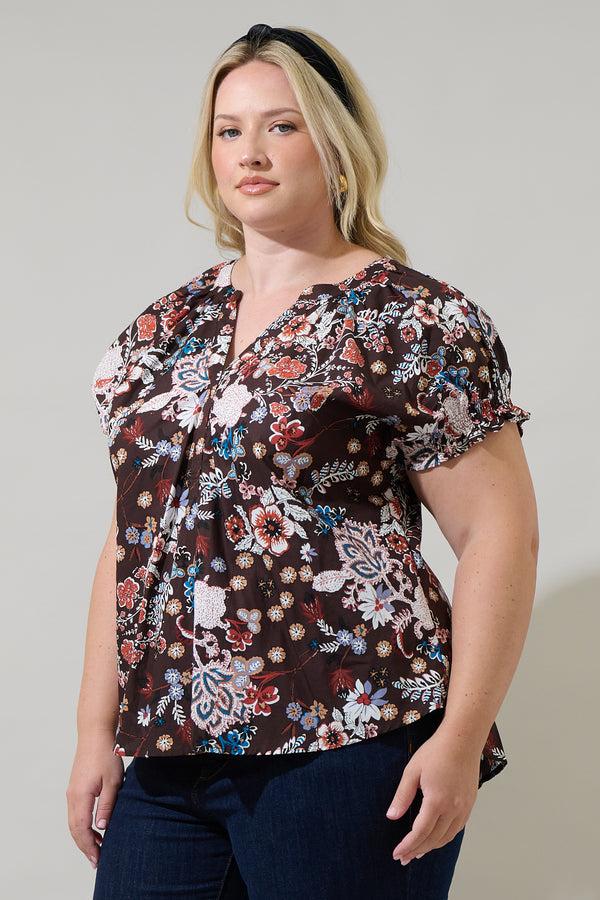 Sugarlips Journee Floral Jemma Ruffle Split Neck Top Curve