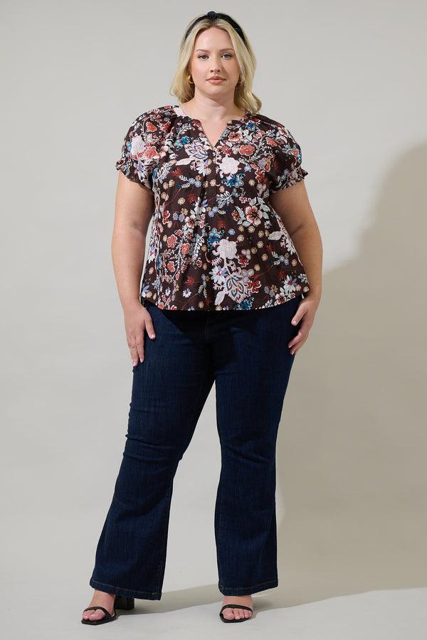 Sugarlips Journee Floral Jemma Ruffle Split Neck Top Curve