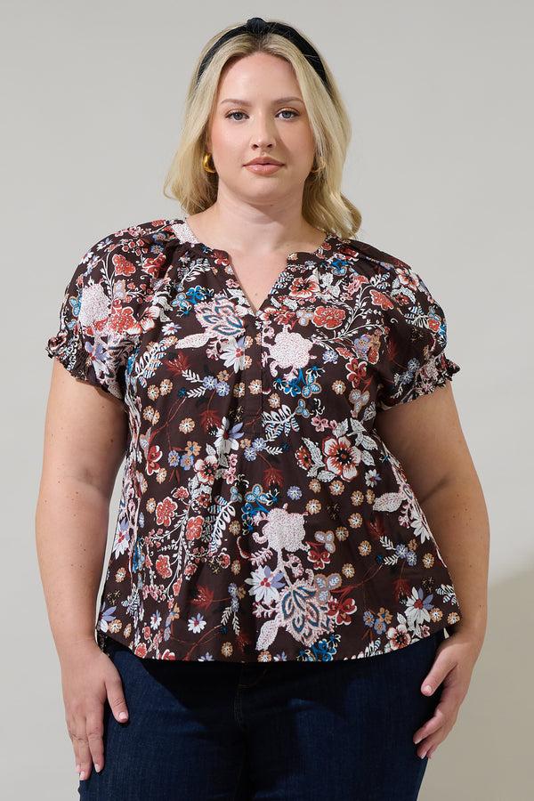 sugarlips Journee Floral Jemma Ruffle Split Neck Top Curve