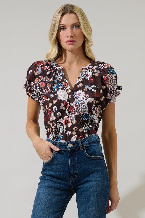 sugarlips Journee Floral Jemma Ruffle Split Neck Top