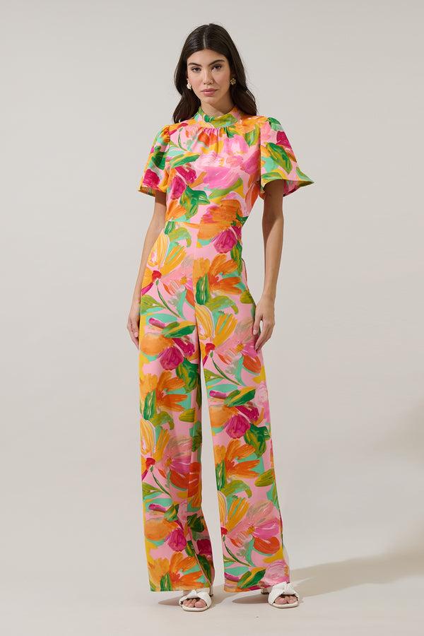 sugarlips Jovana Floral Arabella Mock Neck Wide Leg Jumpsuit