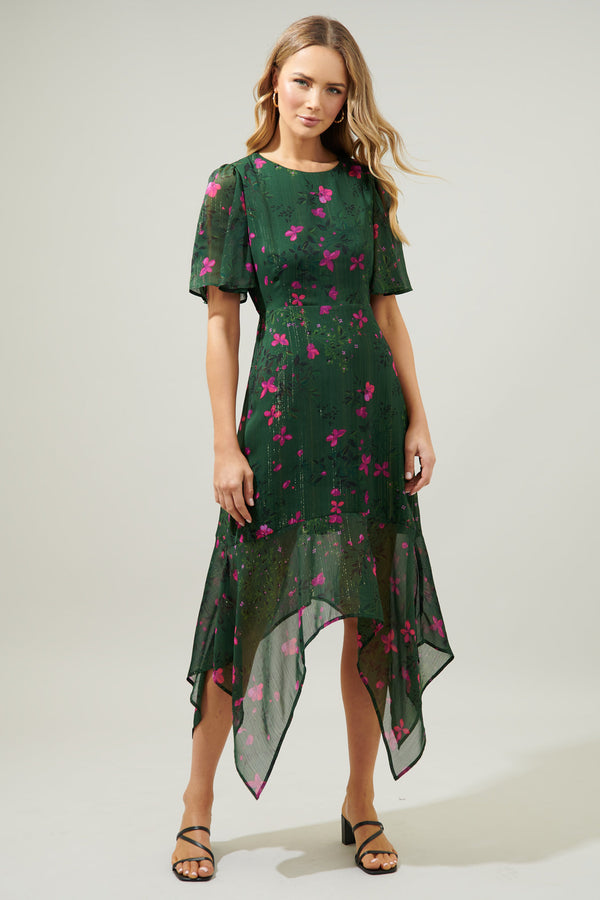 Sugarlips Juniper Floral Aerin Asymmetrical Flutter Midi Dress