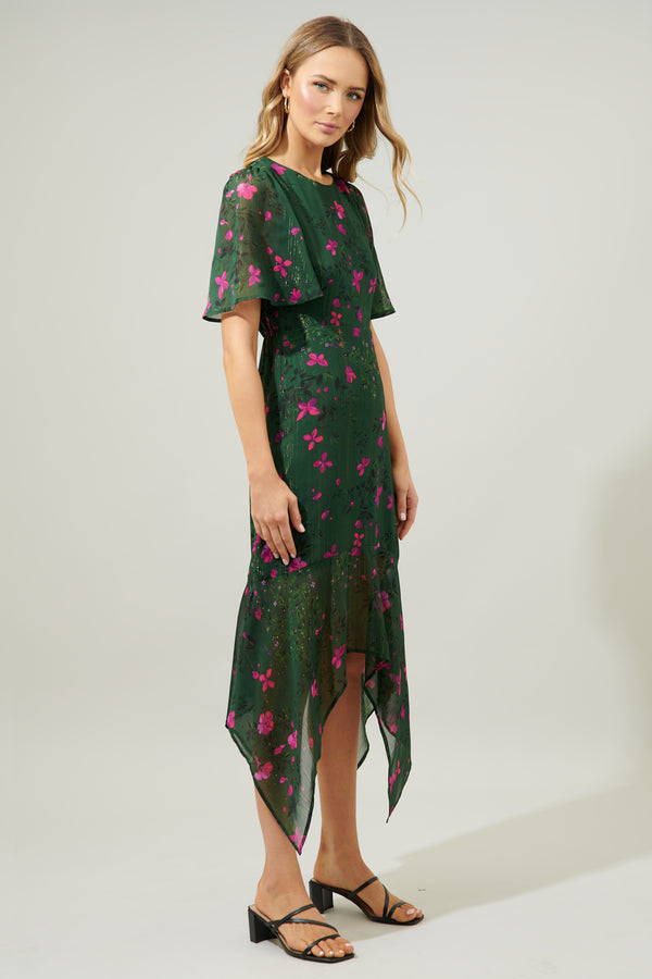 Sugarlips Juniper Floral Aerin Asymmetrical Flutter Midi Dress