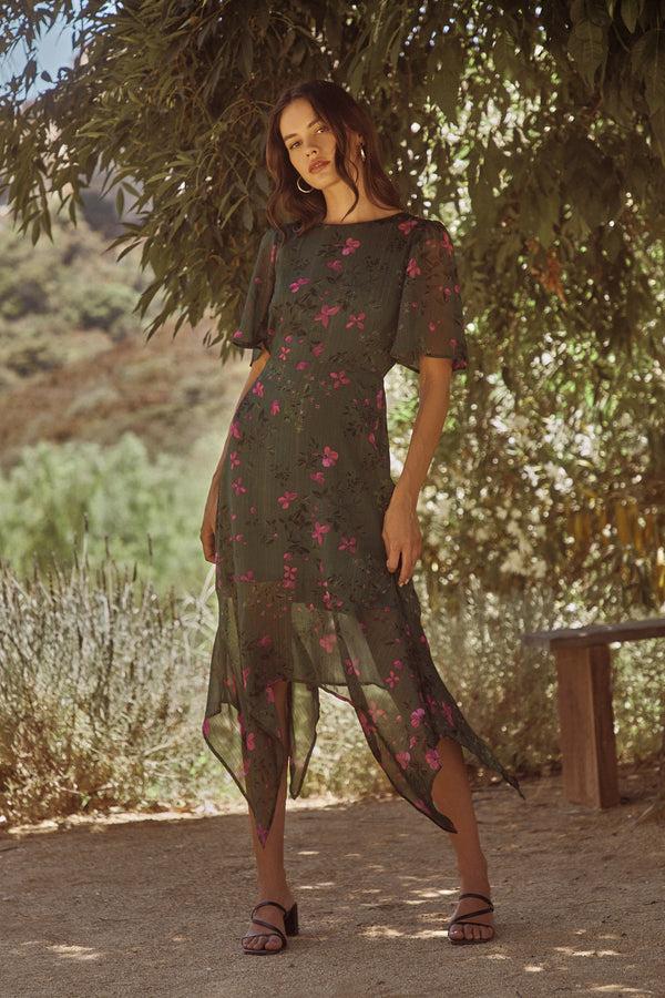 sugarlips Juniper Floral Aerin Asymmetrical Flutter Midi Dress