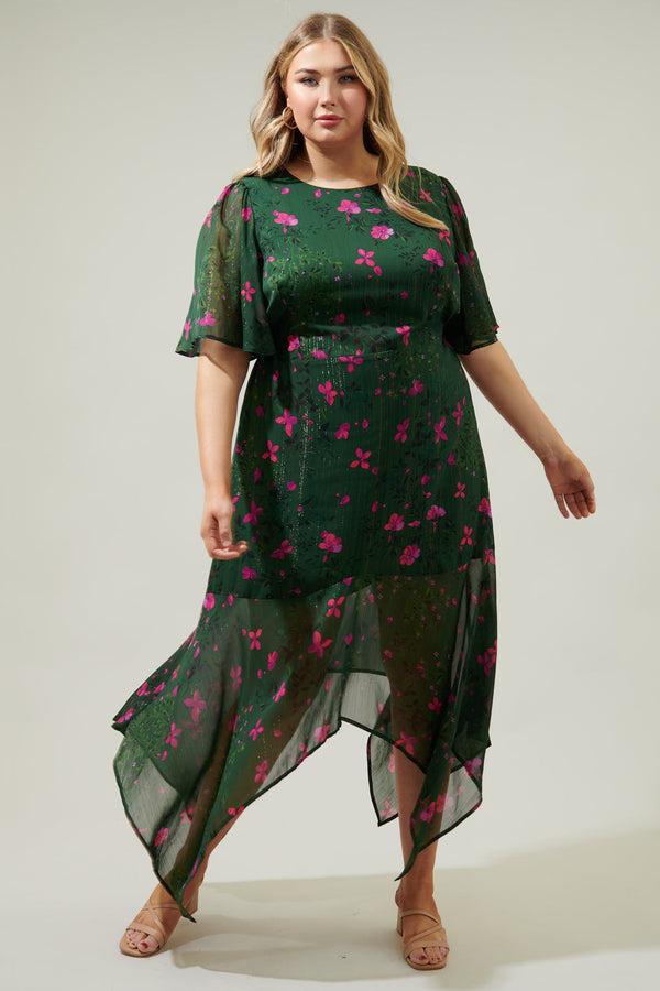 sugarlips Juniper Floral Aerin Asymmetrical Flutter Midi Dress Curve