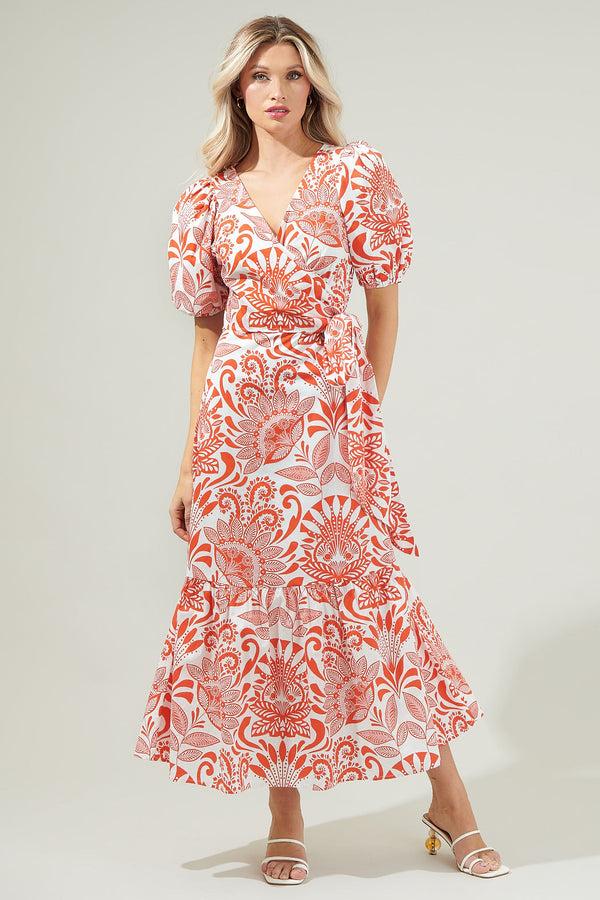 sugarlips Juny Floral Stroll Poplin Wrap Top Midi Dress