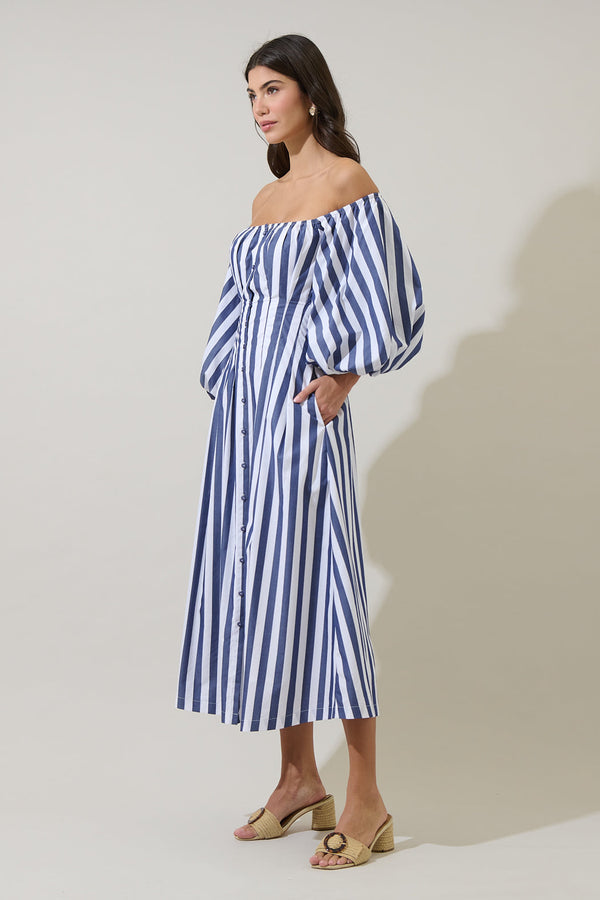 Sugarlips Juvie Stripe Off Shoulder Button Midi Dress