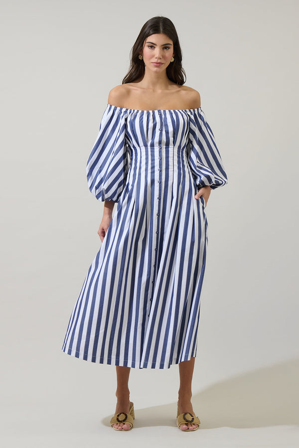 sugarlips Juvie Stripe Off Shoulder Button Midi Dress