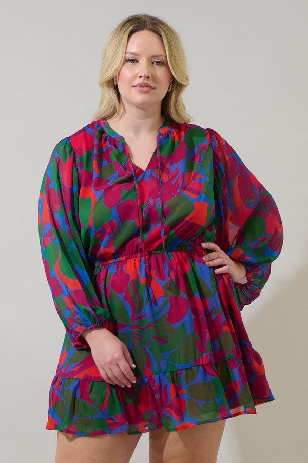 sugarlips Kaeli Floral Paxton Balloon Sleeve Mini Dress Curve