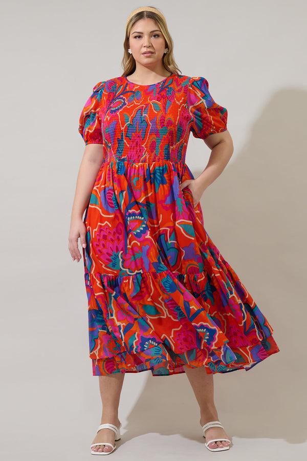 sugarlips Kahlia Tropics Aruba Smocked Midi Dress Curve