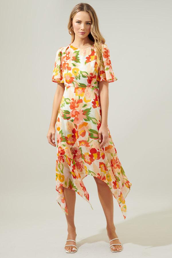 sugarlips Kailua Floral Aerin Asymmetrical Flutter Midi Dress