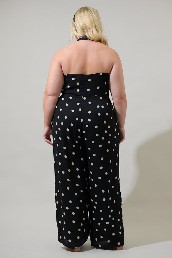Sugarlips Kaline Polka Dot After Hours Backless Halter Jumpsuit Curve