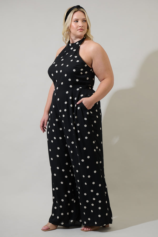 Sugarlips Kaline Polka Dot After Hours Backless Halter Jumpsuit Curve