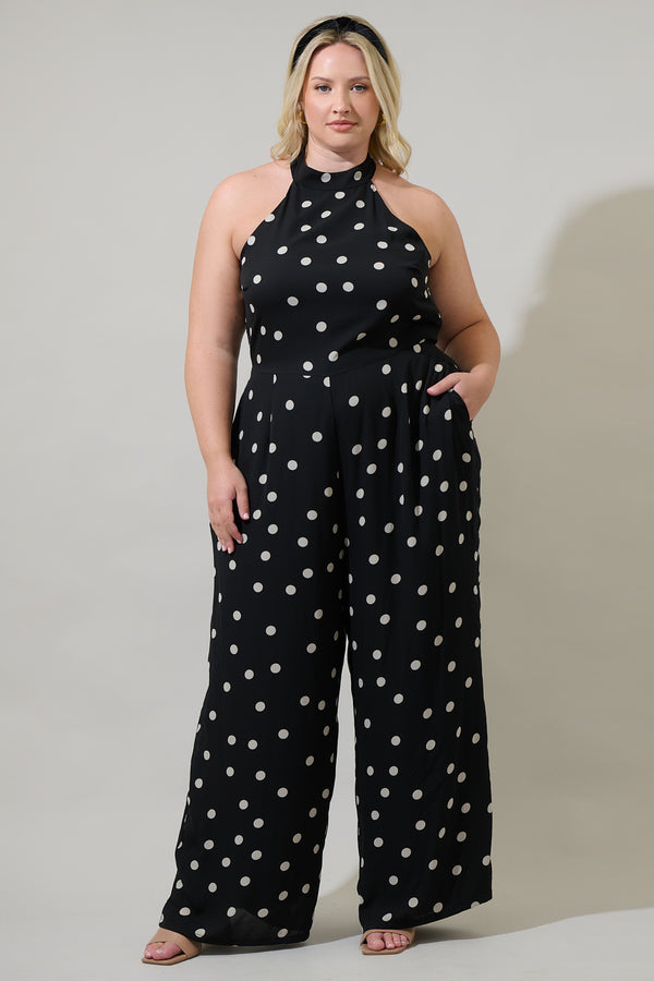 sugarlips Kaline Polka Dot After Hours Backless Halter Jumpsuit Curve