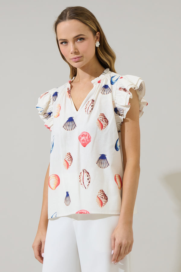 Sugarlips Kara Shells Risette Ruffle Split Neck Top