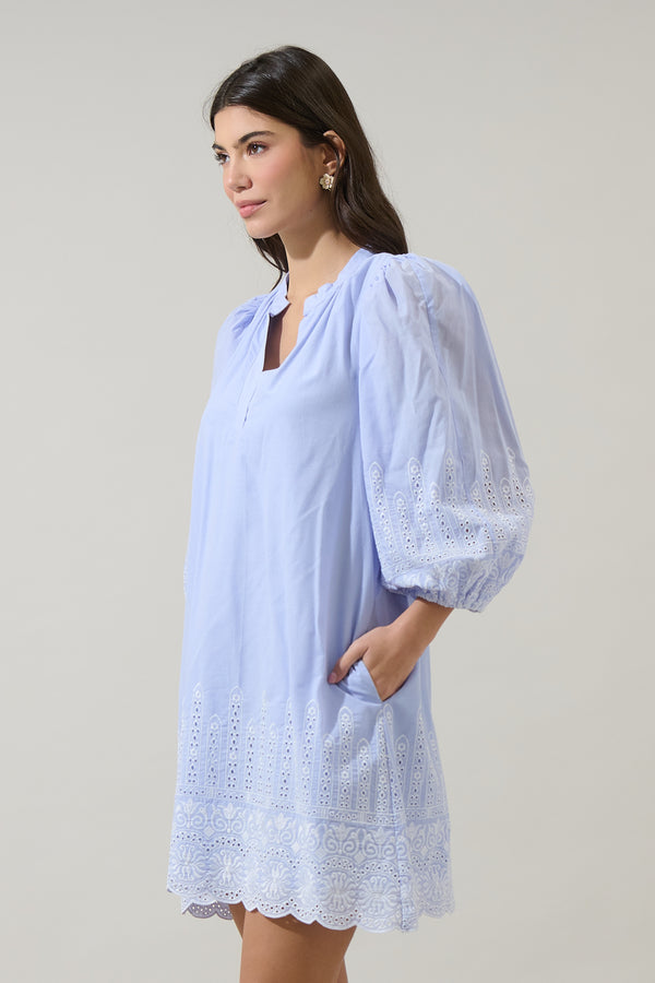 Sugarlips Karlee Eyelet Victoria Shift Split Neck Mini Dress