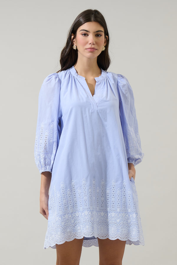 sugarlips Karlee Eyelet Victoria Shift Split Neck Mini Dress