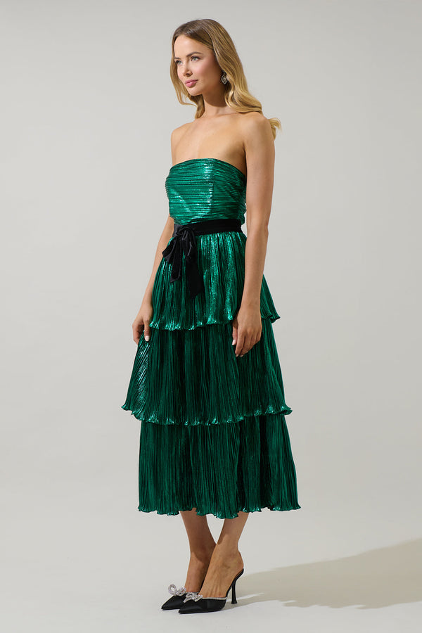 Sugarlips Katia Metallic Strapless Tiered Midi Dress