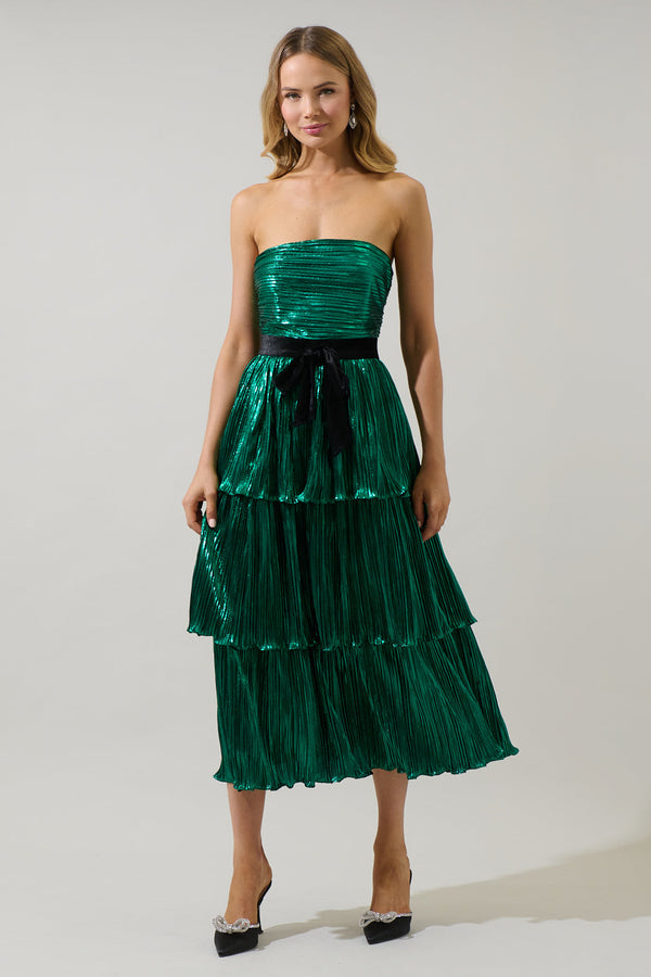 sugarlips Katia Metallic Strapless Tiered Midi Dress