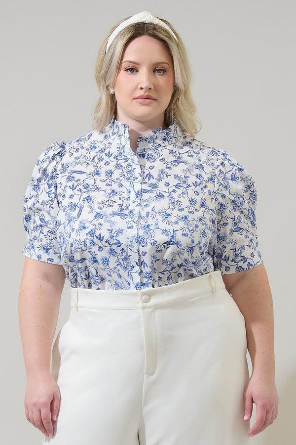sugarlips Kearny Floral Finley Ruffle Button Down Top Curve
