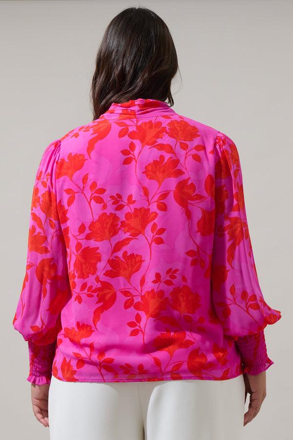 Sugarlips Kensie Floral Etienne Tie Neck Long Sleeve Blouse Curve