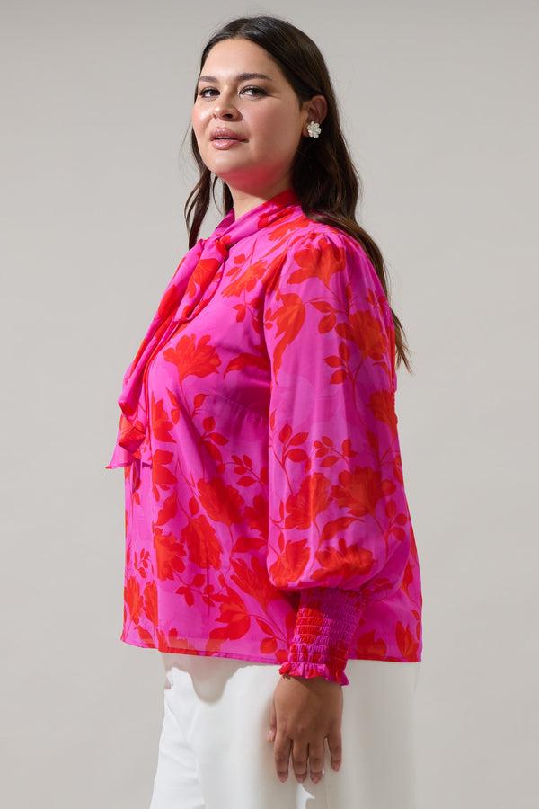 Sugarlips Kensie Floral Etienne Tie Neck Long Sleeve Blouse Curve