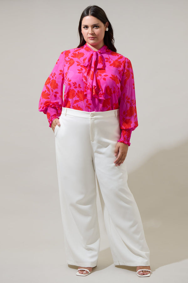 Sugarlips Kensie Floral Etienne Tie Neck Long Sleeve Blouse Curve