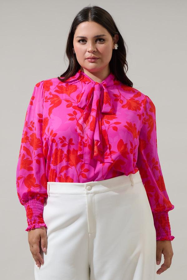 sugarlips Kensie Floral Etienne Tie Neck Long Sleeve Blouse Curve