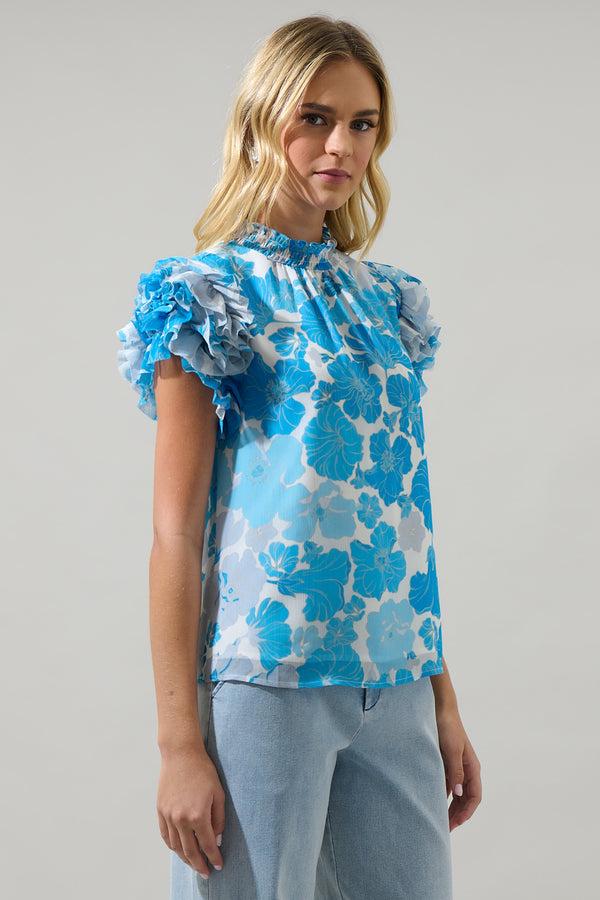 Sugarlips Kerela Floral Brenna Mock Neck Ruffle Blouse
