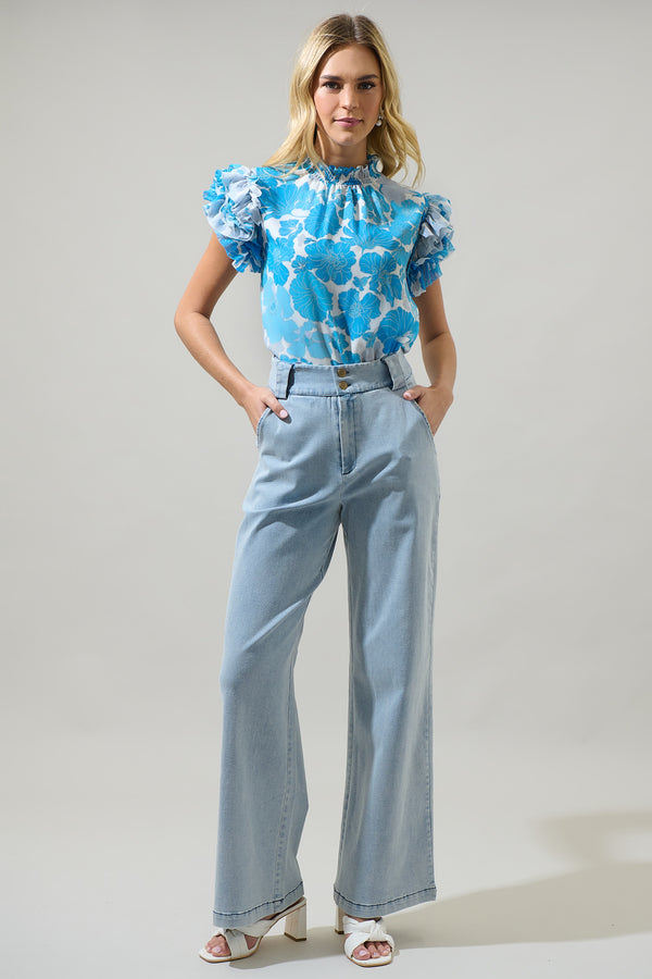 Sugarlips Kerela Floral Brenna Mock Neck Ruffle Blouse