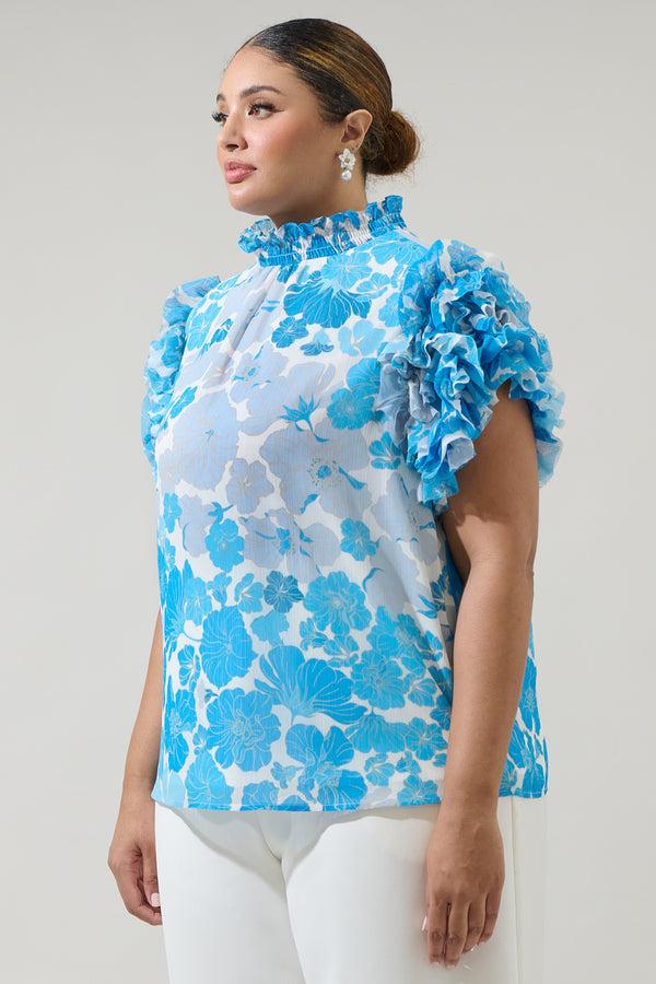 Sugarlips Kerela Floral Brenna Mock Neck Ruffle Blouse Curve
