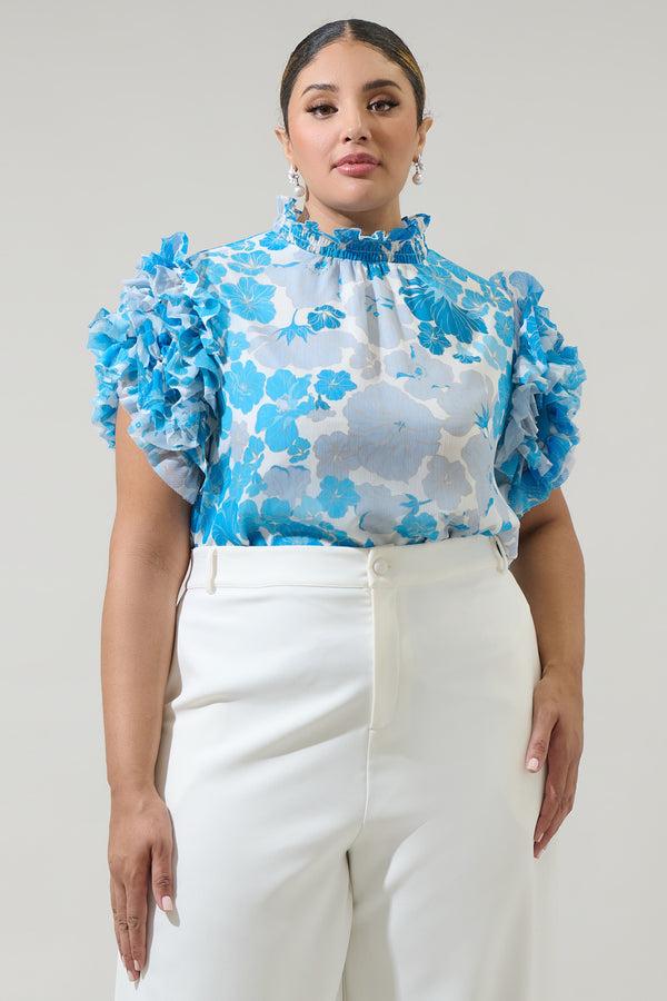 sugarlips Kerela Floral Brenna Mock Neck Ruffle Blouse Curve