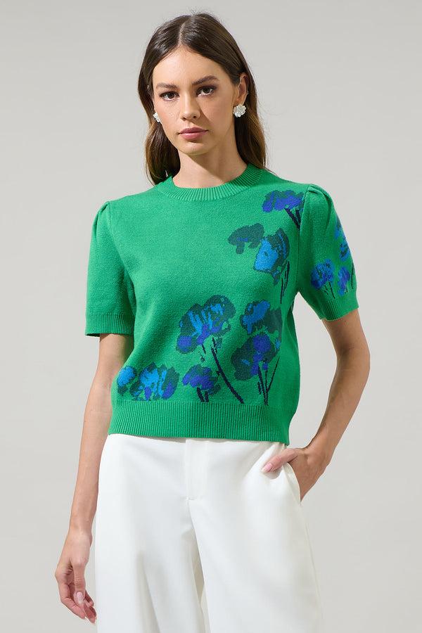 sugarlips Kersey Floral Pleated Short Sleeve Sweater Top