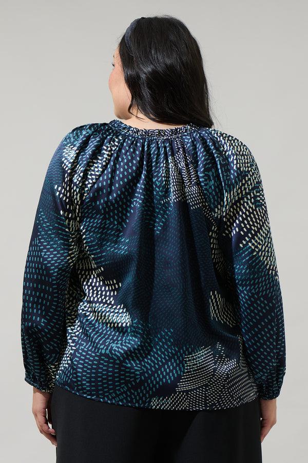 Sugarlips Kirby Geometric Jovie Split Neck Satin Raglan Blouse Curve
