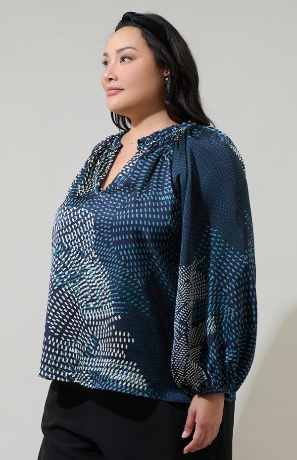 Sugarlips Kirby Geometric Jovie Split Neck Satin Raglan Blouse Curve