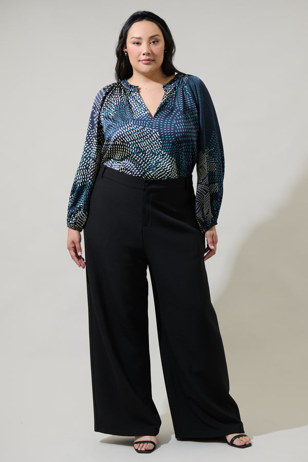 Sugarlips Kirby Geometric Jovie Split Neck Satin Raglan Blouse Curve